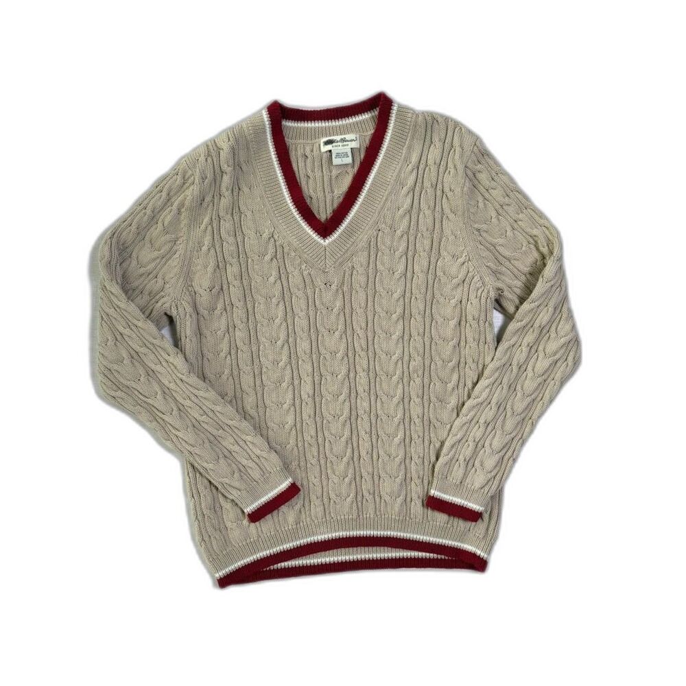 Vtg Eddie Bauer Beige Preppy Academia Cable Knit Heritage Cozy Varsity Sweater L